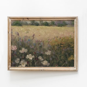 Spring Meadow Painting, Vintage Landscape Print, Country Flower Field Art Print, Floral Wall Art Printable, Nature Painting Instant Download