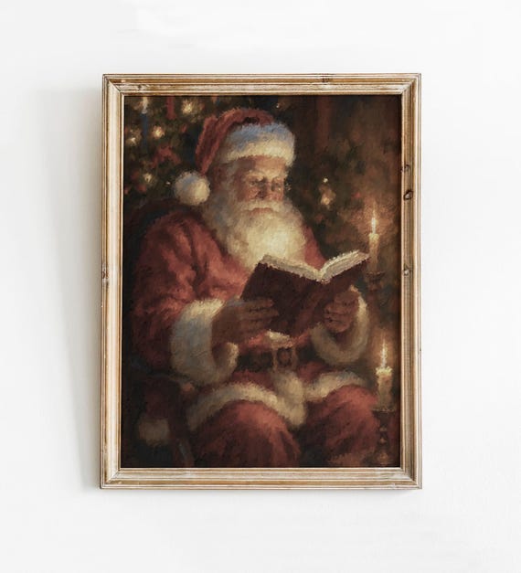 油絵 クリスマス 絵画 ヴィンテージサンタ読書本プリント ムーディーな