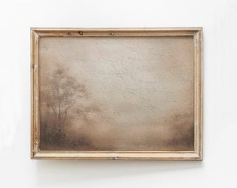 May include: A framed painting with a light brown background and a dark brown tree in the foreground. The painting is in a simple wooden frame.