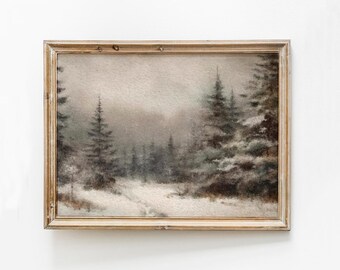 Puede incluir: Una pintura de acuarela enmarcada de una escena de bosque nevado. La pintura presenta una paleta de colores apagados de grises, verdes y marrones. Los árboles se representan en un estilo realista, con sus ramas que se extienden hacia el cielo. La nieve se representa como una suave manta blanca que cubre el suelo.