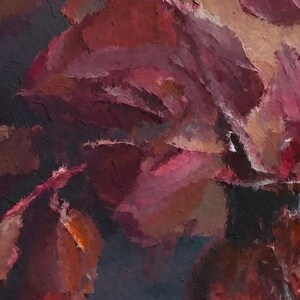 May include: Abstract painting with a textured, brushstroke style. The painting features shades of red, pink, and brown, creating a warm and inviting atmosphere.