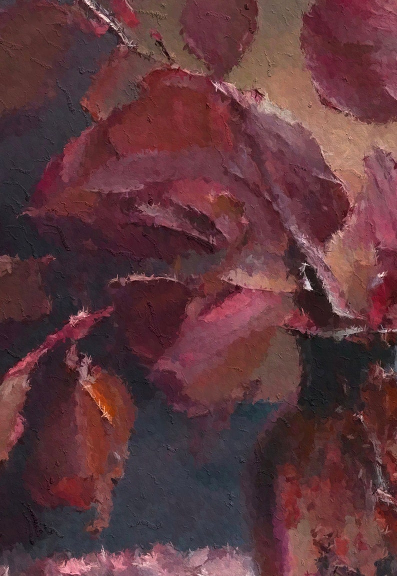 May include: Abstract painting with a textured, brushstroke style. The painting features shades of red, pink, and brown, creating a warm and inviting atmosphere.