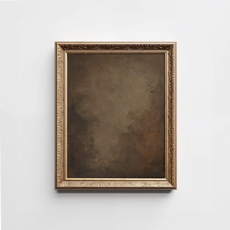 May include: A rectangular, ornate gold picture frame with a dark brown, abstract painting inside. The frame has detailed carvings and is set against a white background. The painting has a textured, blended appearance.