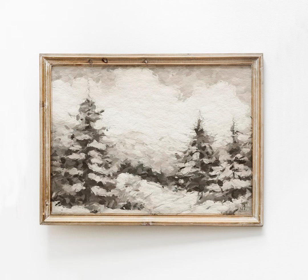 Neutral Pine Tree Landscape Painting, Snow Covered Forest Printable Art ...