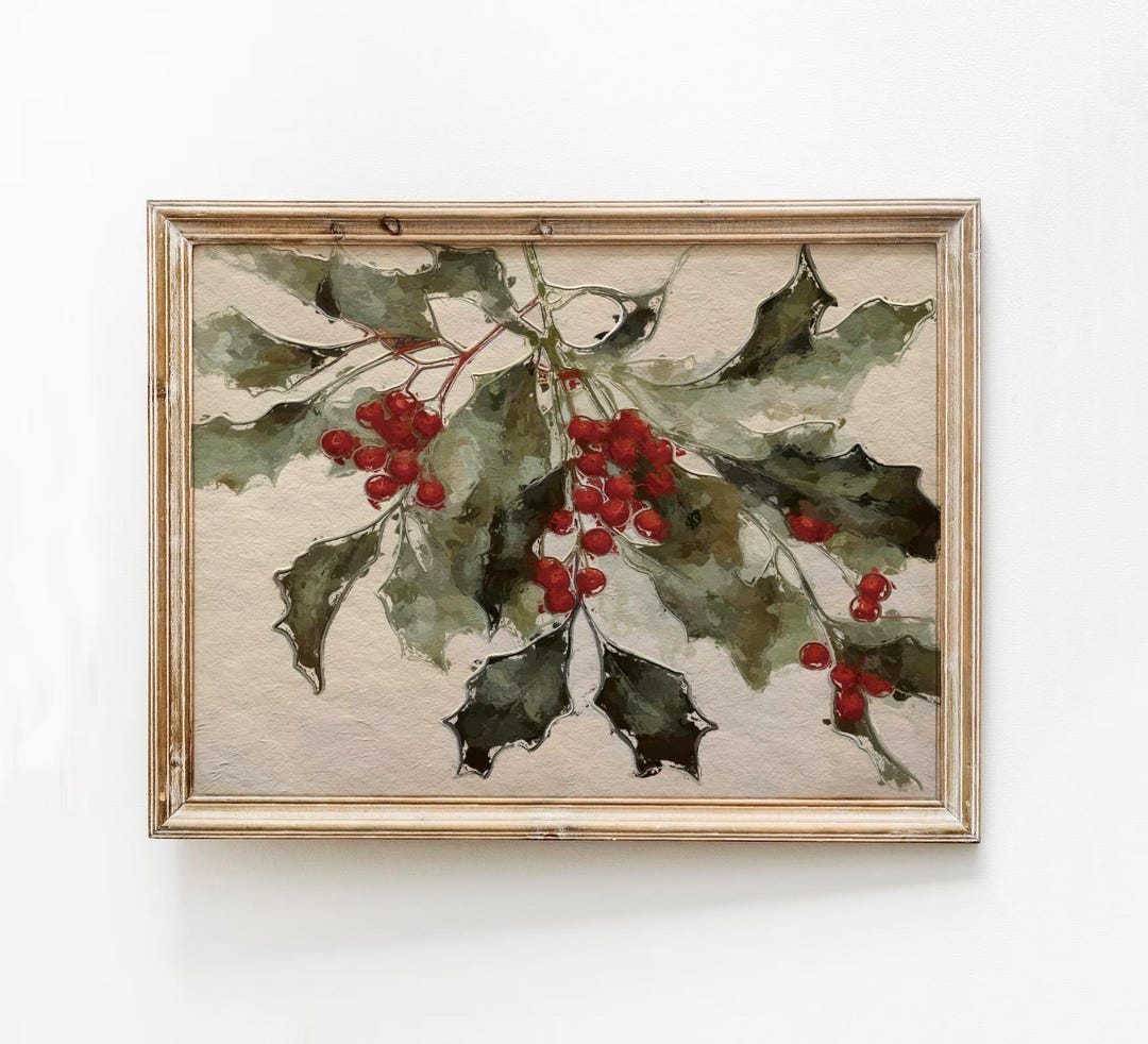 Rustic Holly Vintage Holly Wall Art, Winter Berry Painting, Beige Rustic Holiday ...