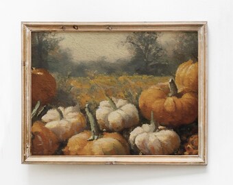 Vintage Pumpkin Patch Landscape Painting, Moody Autumn Print (Instant Download)