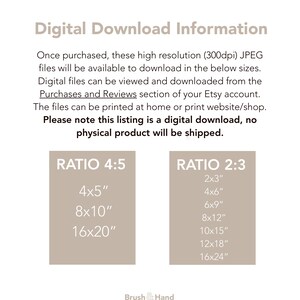 K&ouml;nnte beinhalten: Ein Informationsblatt f&uuml;r den digitalen Download von druckbaren Kunstdrucken. Das Blatt listet verschiedene Gr&ouml;&szlig;en f&uuml;r Drucke mit einem Verh&auml;ltnis von 4:5 und 2:3 auf. Die Gr&ouml;&szlig;en sind in Zoll angegeben.