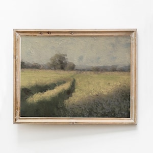 Impression de peinture prairie vintage, art mural vert tendre printanier imprimable, impression paysage vintage, décoration de ferme, salon téléchargement immédiat