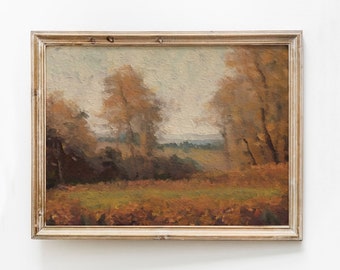 Vintage Autumn Field Landscape Painting, Rustic Fall Decor (Instant Download)