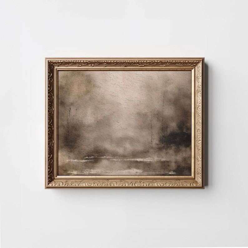 May include: A framed abstract painting with a muted brown and gray color scheme. The painting depicts a hazy landscape with a subtle water reflection.