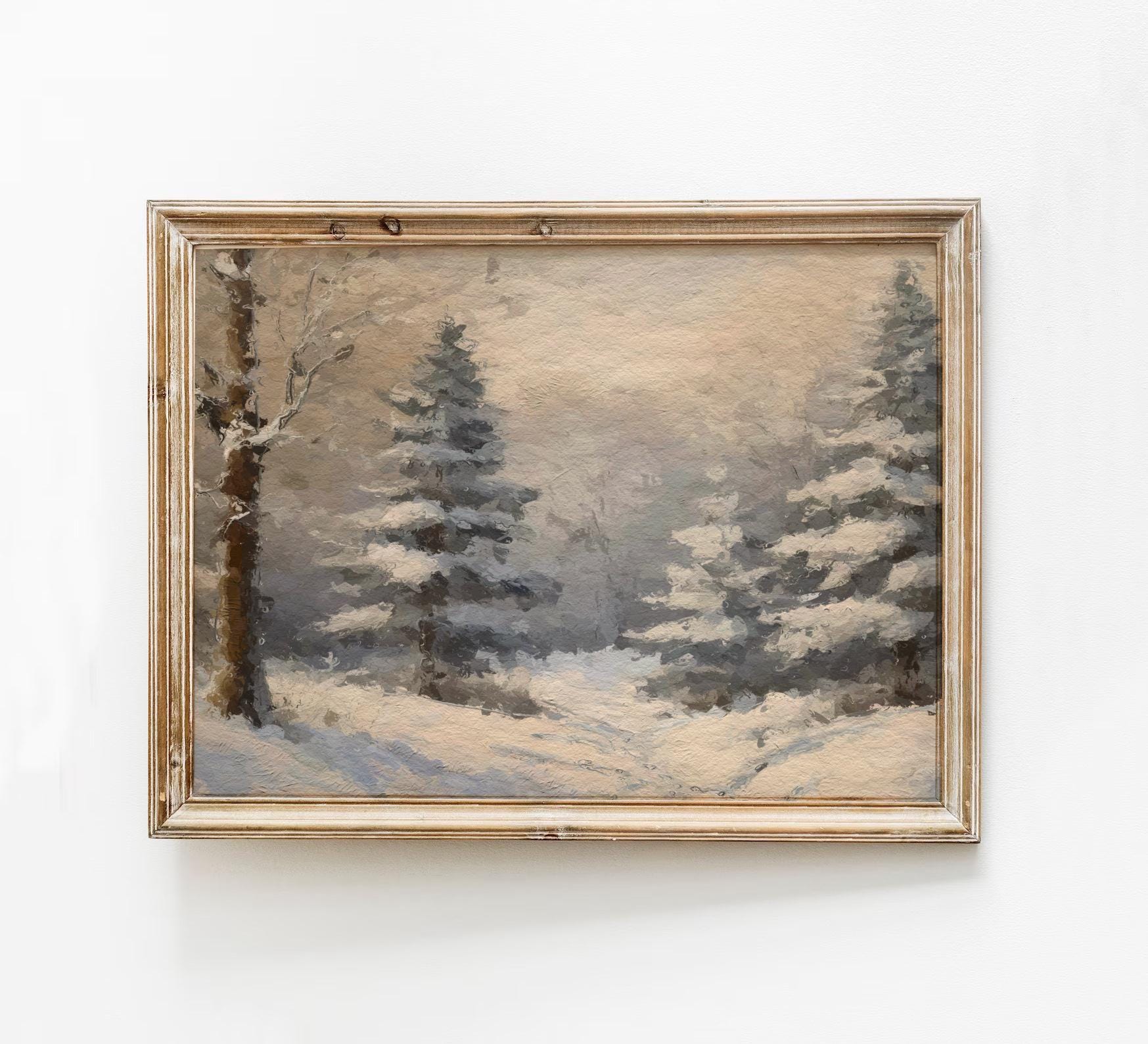 Winter Landscape Painting, Snow Covered Pine Tree Print, Muted Vintage ...