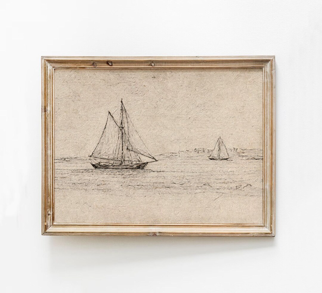 Vintage Sailboat Wall Art Print, Neutral Coastal Sketch, Beige Ocean ...