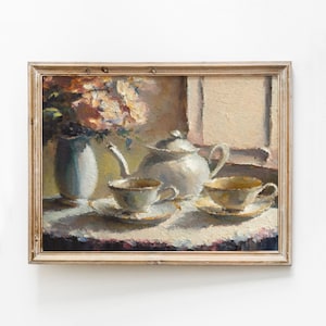 Vintage Tea Cups Still Life Painting, Tea Party Print, Tea Set Print, Tea Pot Printable, Vintage Kitchen Print, China Cup Instant Download