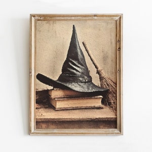 Witch Hat Print, Wizard Halloween Painting, Witch Hat on Books Wall Art, Vintage Halloween Print, Witch Hat and Broom Print Digital Download