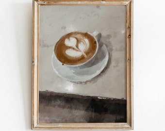 Stampa di pittura a olio di Latte, natura morta di caffè, pittura a olio di caffetteria, stampa di Latte Art, arte murale della cucina, download di dipinti di caffè