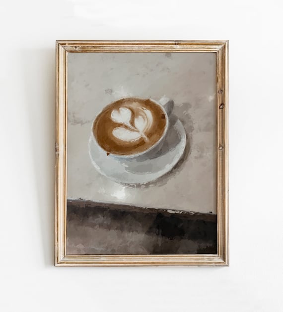 Latte Oil Painting Print, Coffee Still Life Art, Coffee Shop Oil Painting, Latte Art Print, Kitchen Wall Art, Coffee Painting Download