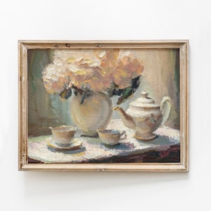 Tea Set Still Life Painting, Vintage Tea Party Print, Tea Cups Print, Tea Pot Printable, Vintage Kitchen Print, China Cup Instant Download