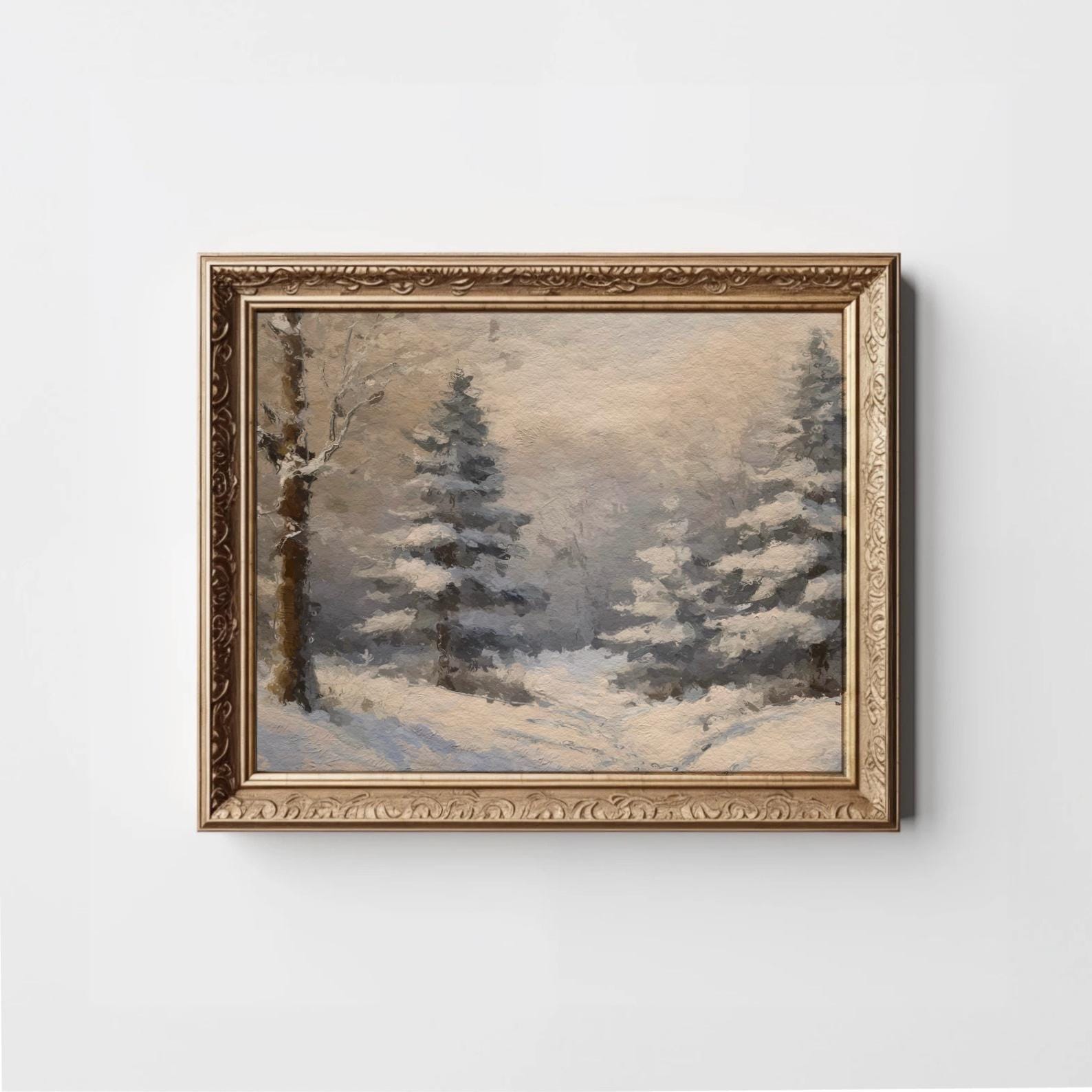 Winter Landscape Painting, Snow Covered Pine Tree Print, Muted Vintage ...