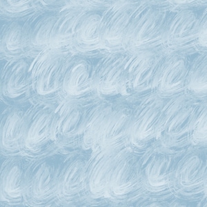 May include: A seamless pattern of white brushstrokes on a light blue background. The brushstrokes are in the shape of circles and ovals, creating a swirling, abstract design.