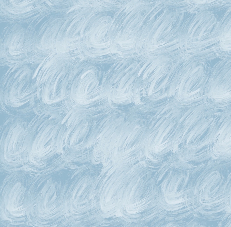 May include: A seamless pattern of white brushstrokes on a light blue background. The brushstrokes are in the shape of circles and ovals, creating a swirling, abstract design.