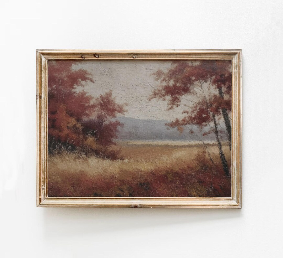 Dark Moody Fall Art Print, Burgundy Vintage Landscape Wall Art, Rustic ...