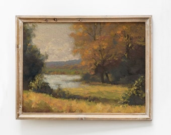 Rustic Autumn Lake Landscape Painting, Moody Vintage Print (Instant Download)