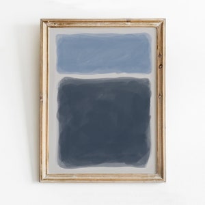 May include: A framed abstract painting with two horizontal bands of blue and gray paint.