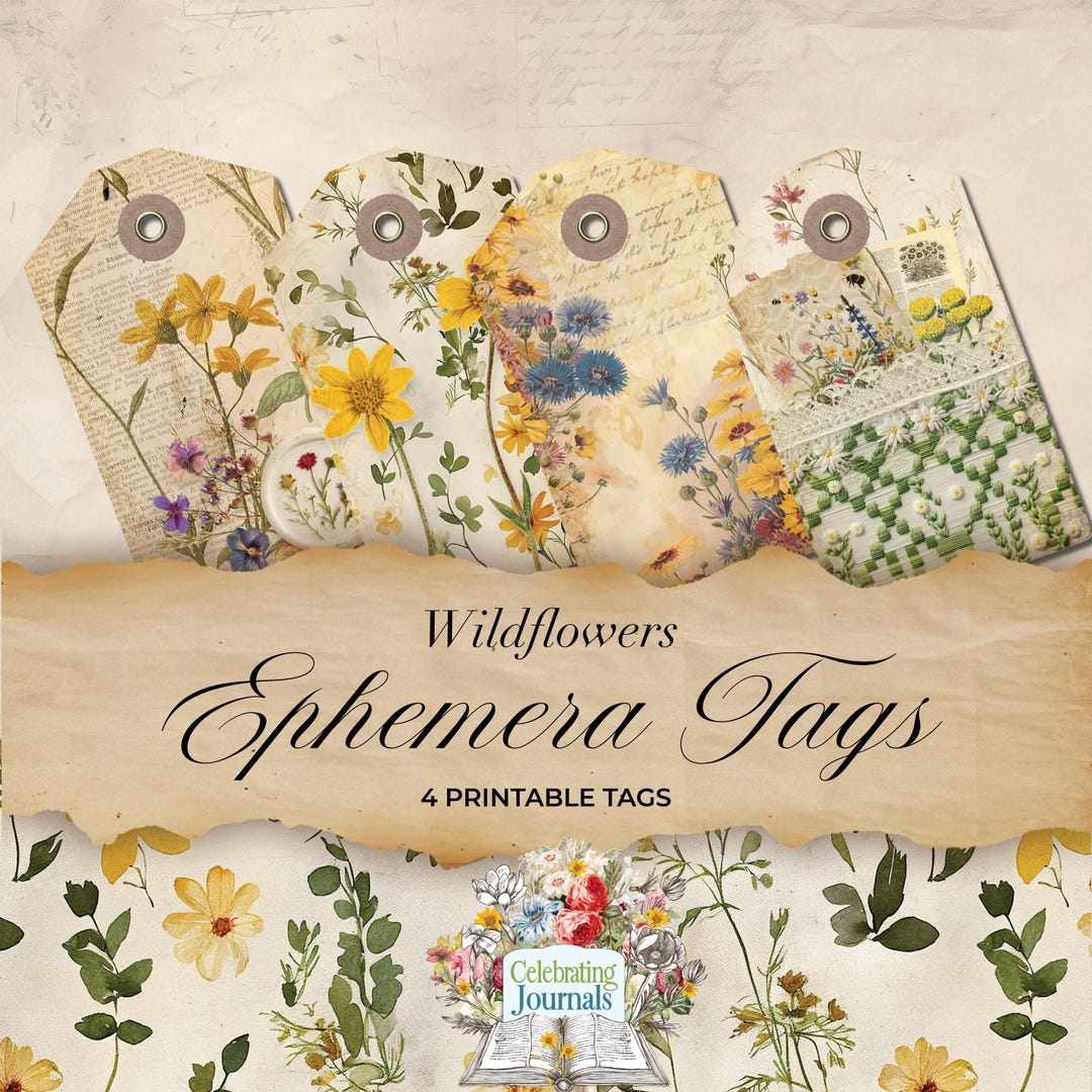 Wildflower Junk Journal Tags, Shabby Chic Extras Pack, Digital ...