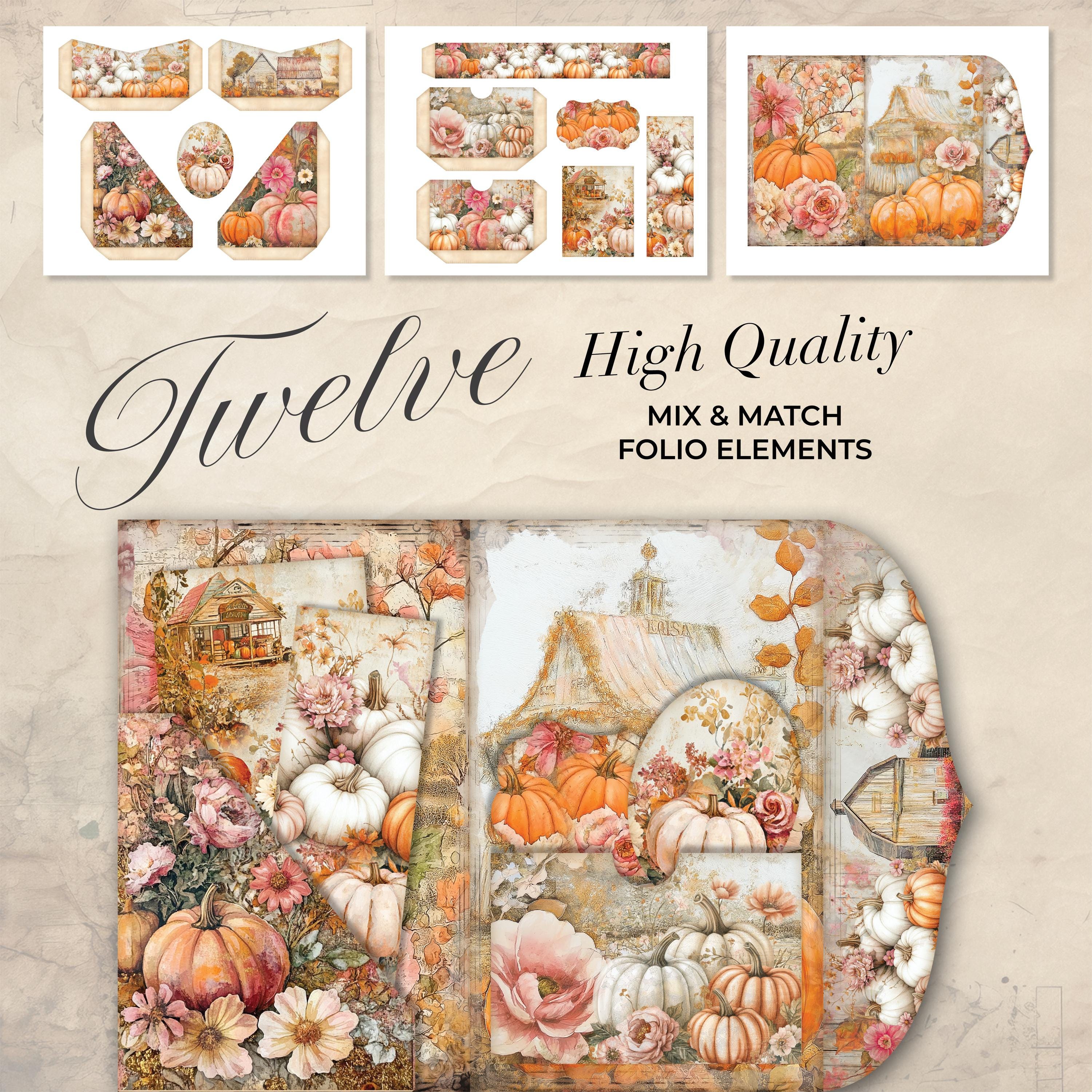Fall Pumpkin Junk Journal Folio With Pockets and Mini Cards, Shabby ...
