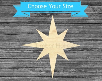 May include: A wooden star shape with eight points, set against a gray wood-grain background. The star is a light tan color. A blue banner above the star reads "Choose Your Size". The Timber Hollow logo is visible.