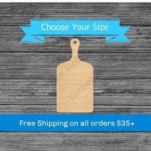 May include: A light-colored wooden cutting board with a handle. The board has a rectangular shape with rounded corners and a circular hole in the handle. Text on a blue banner reads "Choose Your Size".