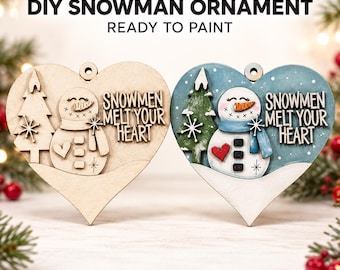 DIY Snowman Heart Ornament, Unfinished Wood Christmas Ornament, Paint Your Own Snowman, Christmas Craft, Laser Cut Wood Ornament