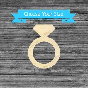 May include: A wooden ring cutout with a diamond-shaped top. The ring is made of light-colored wood and has a circular band. The text "Choose Your Size" is displayed on a blue banner above the ring.