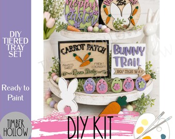 Easter Tiered Tray Unfinished DIY Wood Kit - Carrot Patch, Easter Blanks, Easter Home Decor, Easter Bunny, Jelly Beans