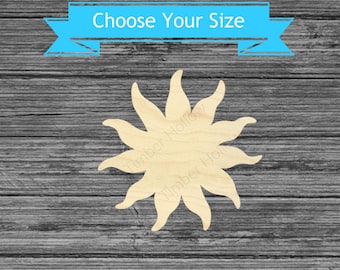 May include: A wooden sunburst shape with pointed rays. The sun is light-colored and set against a gray wood-grain background. A blue banner above the sun reads "Choose Your Size".