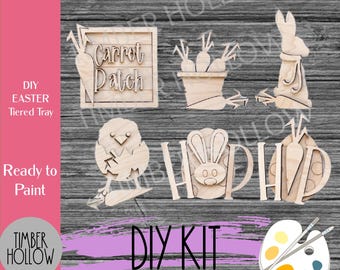 Easter Tiered Tray Unfinished DIY Wood Kit - Hip Hop Bunny, Easter Blanks, Easter Home Decor, Easter Bunny, Jelly Beans