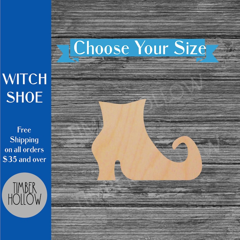 K&ouml;nnte beinhalten: Holzausschnitt eines Hexenschuhs mit spitzer Spitze und geschwungenem Absatz. Der Text "WITCH SHOE" ist links zu sehen, mit "Choose Your Size" &uuml;ber dem Schuh. Das Timber Hollow-Logo ist ebenfalls sichtbar.