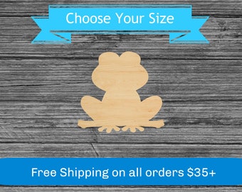 May include: A wooden frog cutout with a light brown finish. The frog is sitting with its legs spread out. The text "Choose Your Size" is in a blue banner above the frog.