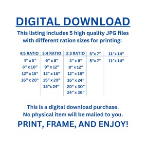 Puede incluir: Un gr&aacute;fico de descarga digital con el texto "DESCARGA DIGITAL". El listado incluye 5 archivos JPG de alta calidad con diferentes tama&ntilde;os de proporci&oacute;n para imprimir, incluyendo 4x5, 3x4, 2x3, 5x7 y 11x14 pulgadas. Tambi&eacute;n se incluye el texto "&iexcl;IMPRIME, ENMARCA Y DISFRUTA!"