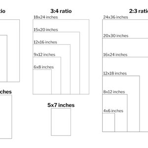 Puede incluir: Diagrama que muestra varios tama&ntilde;os y relaciones de aspecto rectangulares, incluyendo 4:5, 3:4 y 2:3. Los tama&ntilde;os se enumeran en pulgadas, como 16x20 pulgadas, 12x15 pulgadas y 8x10 pulgadas. Tama&ntilde;os adicionales incluyen 11x14 pulgadas y 5x7 pulgadas.