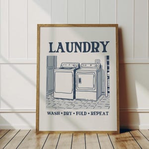 Laundry Room Wall Art, Blue Washer and Dryer Print, Minimalist Laundry Decor, Retro Laundry Sign - Digital Download