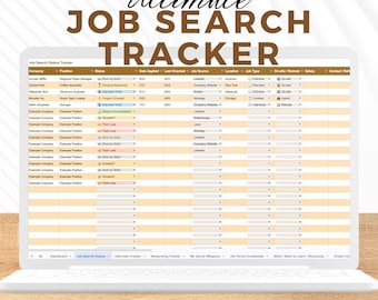 May include: A laptop screen displays a job search tracker spreadsheet. The title "Ultimate JOB SEARCH TRACKER" is at the top. The spreadsheet includes columns for company, position, status, date applied, job source, location, job type, and salary. The bottom text reads "8 Tabs | Google Sheets | Instant Download."