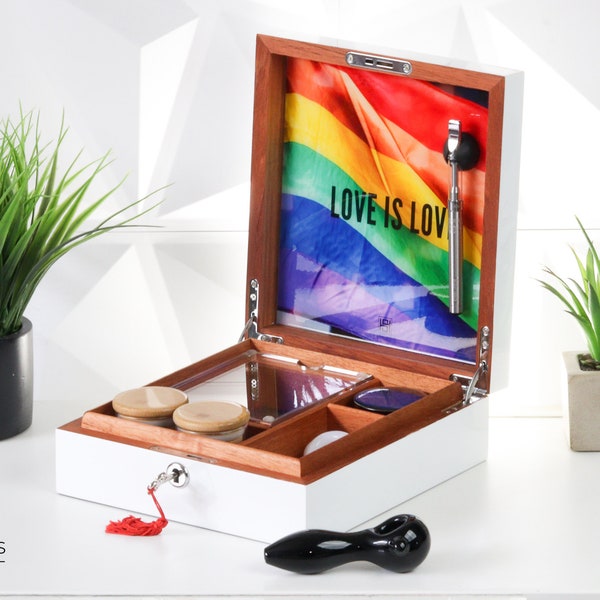 Love is Love LGBTQ + Stash Box / Peut personnaliser / Tous les accessoires: Pipe à fumer en verre / Pot de rangement hermétique / Grinder / Plateau roulant