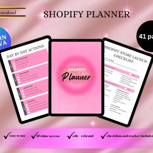 Op de afbeelding: Een roze en witte digitale planner met de tekst "SHOPIFY PLANNER" en "41 pagina's" op de omslag. De planner bevat een checklist voor het lanceren van een Shopify-winkel en een dag-tot-dag actieplan.