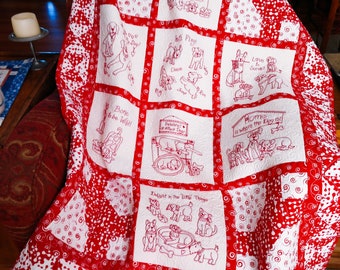 It's A Dog's Life Redwork Quilt - Machine Embroidery Pattern