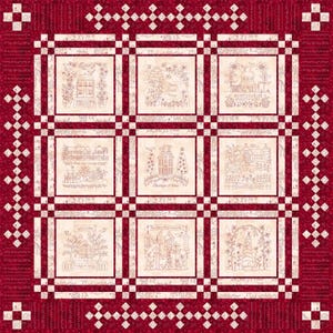 May include: A square quilt featuring a deep red border with a white diamond pattern and nine central cream-colored blocks. Each block displays intricate line-art illustrations of houses, gardens, and text including Home Sweet Home and Welcome.