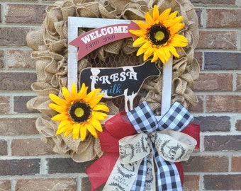 Farmhouse Wreath, Sunflower Wreath for your front door, Welcome to The Farm Wreath, Cow Wreath, Farmhouse Decor, Farm Decor, Cow Decor, Cows