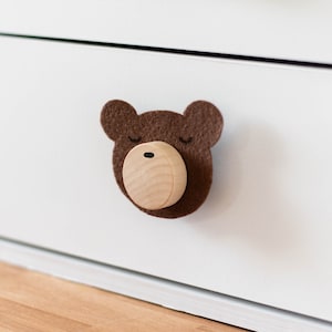 Custom Felt Woodland Bear Wood Knobs With Felt Faces In Multiple Colors For Kids Bedroom or Nursery Dresser Décor image 3