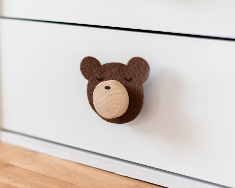 Custom Felt Woodland Bear Wood Knobs With Felt Faces In Multiple Colors For Kids Bedroom or Nursery Dresser Décor image 3