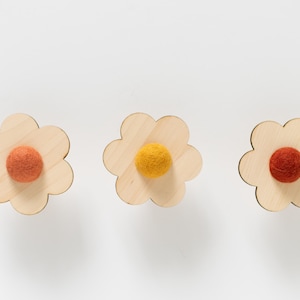 Custom Handmade Wood Daisy Knobs With Wool Pom Pom&#39;s and Wood Handle [For Boho Bedroom or Nursery Dresser Décor]